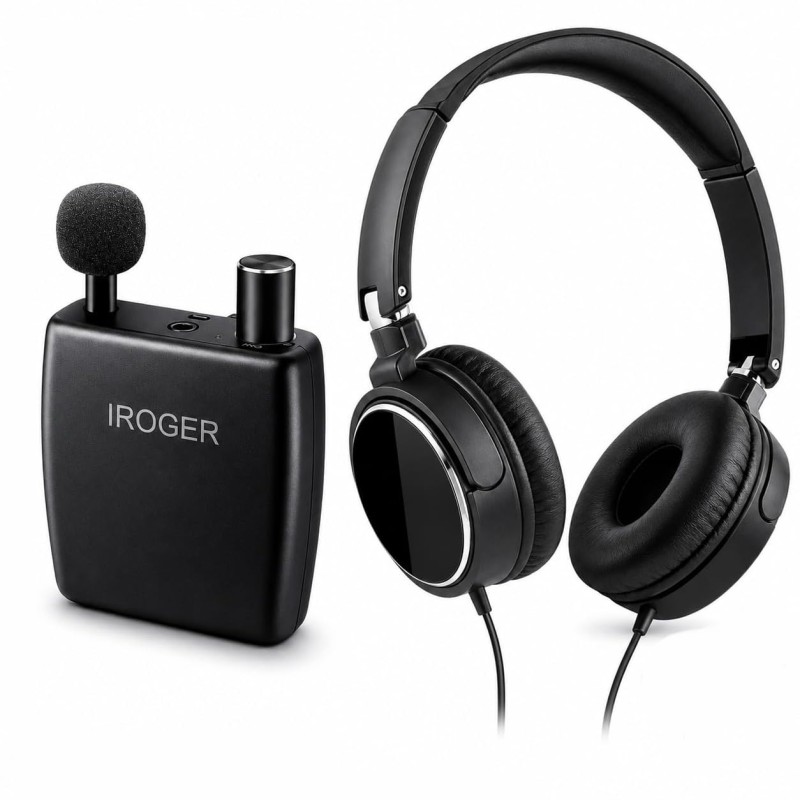 IR8 rechargeable hearing amplifier with its listening accessories