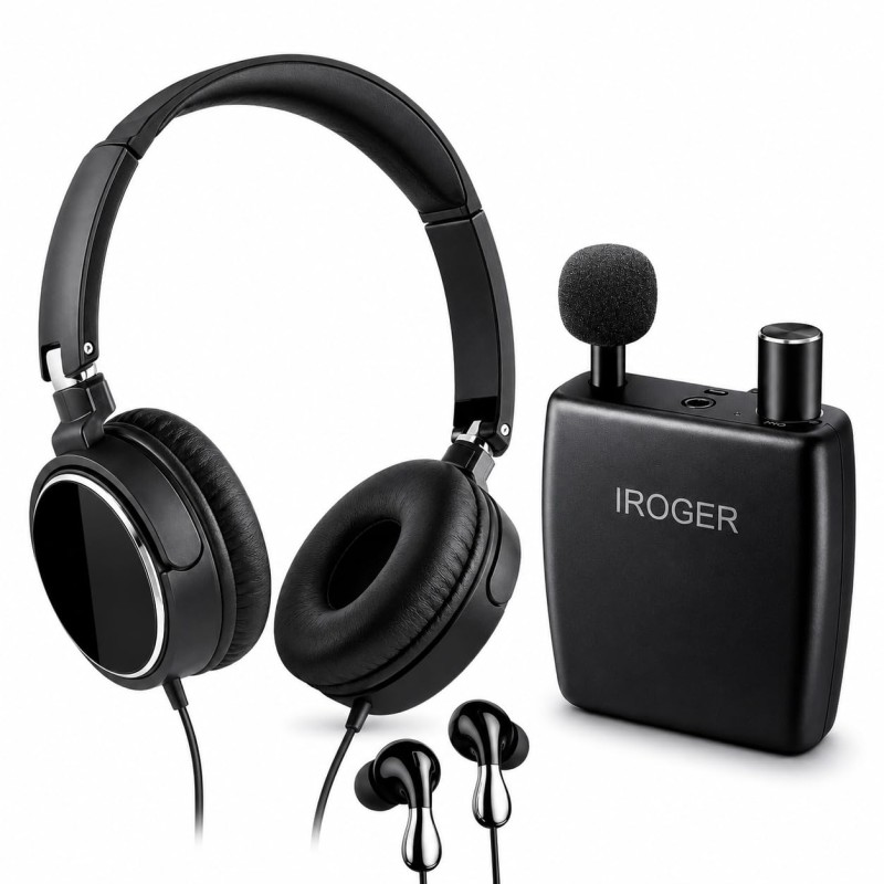 I8-Pro rechargeable hearing amplifier with its listening accessories